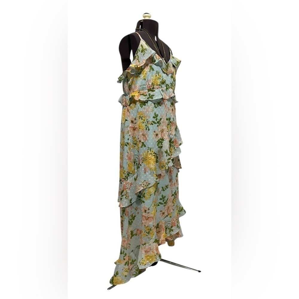 By The River Blossom In Time Blue Multi Floral Ruffle Tiered Midi Dress Size L - Picture 8 of 14